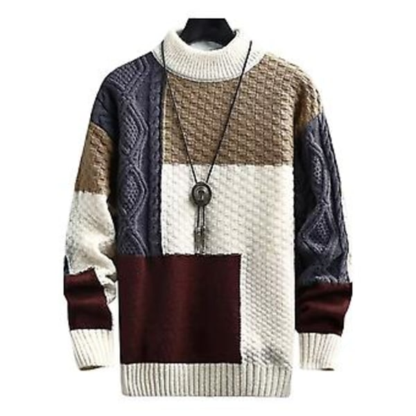 Herrar Stickad Tröja Färgmatchning Vild Långärmad Preppy Stil Delikat Textur Håll Varmt Polyester Anti-krymp Höst Casual Stickat (L Aprikos)