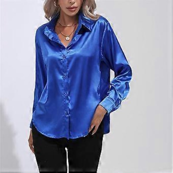 Vår Høst Sateng Bluse Imitert Silke Langermet Skjorte for Dame Plus Size Løse Topper (M safirblå)