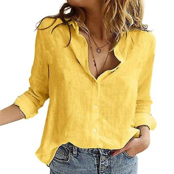 Dame Linskjorter Casual Ensfarget Knapp Lapel Bluser Skjorte Sommer Topper En Beste Gave (XL Gul)