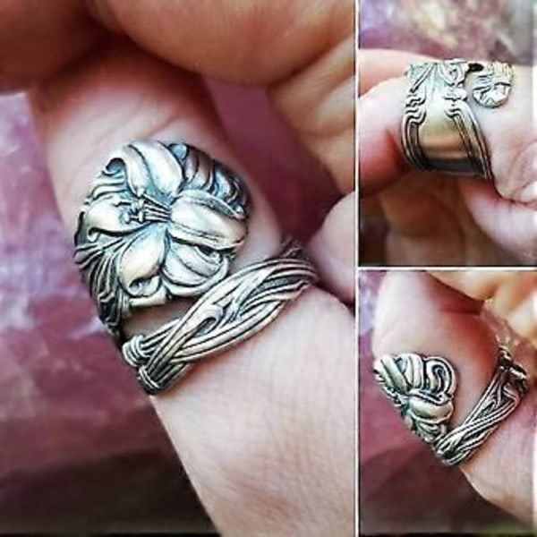 Säädettävät lusikkarenkaat naisille ja miehille, hopea, vintage-kukallinen risti, boho (seos 1 risti, säädettävissä)