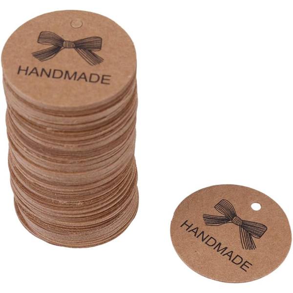 100 st handgjorda runda presentlappar i papper, brunt handgjort kraftpapper