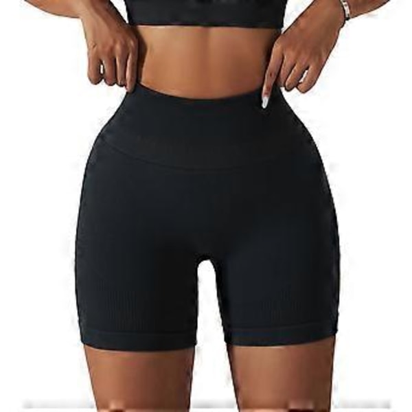 Dam Yoga Shorts för Löpning, Magkontroll, Sömlöst Stickat, Hög Midja, Butt Lifting, Träning, Workout Shorts Leggings (M Svart)