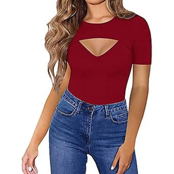 Dam Topp med Urringning Fram, Kortärmad, Bodycon, Slim Fit, Enfärgad, Andningsbar, Pullover T-shirt (XXL Vinröd)