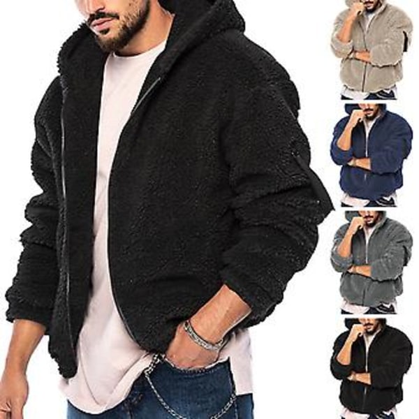 Herrar Höst Vinter Jacka Tjock Dubbelsidig Fleece Enfärgad Huva Lös Dragkedja Mjuk Långärmad Fickor Kalla Resistent Jacka (XL Khaki)
