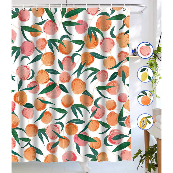 Peach Shower Curtains, Allover Fruits Shower Curtain Cute Bright Colorful Design Waterproof Fabric Bathroom Shower Curtain Set With 12 Hooks, Peachy P