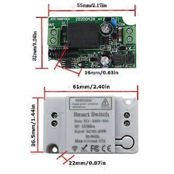 Trådløs RF Fjernbetjening RF 433Mhz Vægpane Smart Switch Relay Modtager Fan Lyskontakt Modtager 220V Modul Sender ( )