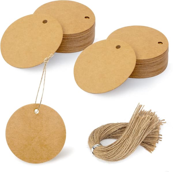 100 STK Runde Brune Gavelapper med Snor, Sirkel Kraftlapper for