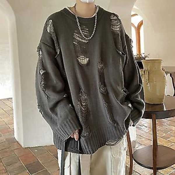 Herrar Höst Vinter Stickad Tröja Riven Falsk Tvådelad Hip Hop Ihålig Stickad Rundhals Långärmad Lös Mjuk Tjock Varm Streetwear Herrtröja (L Grå)