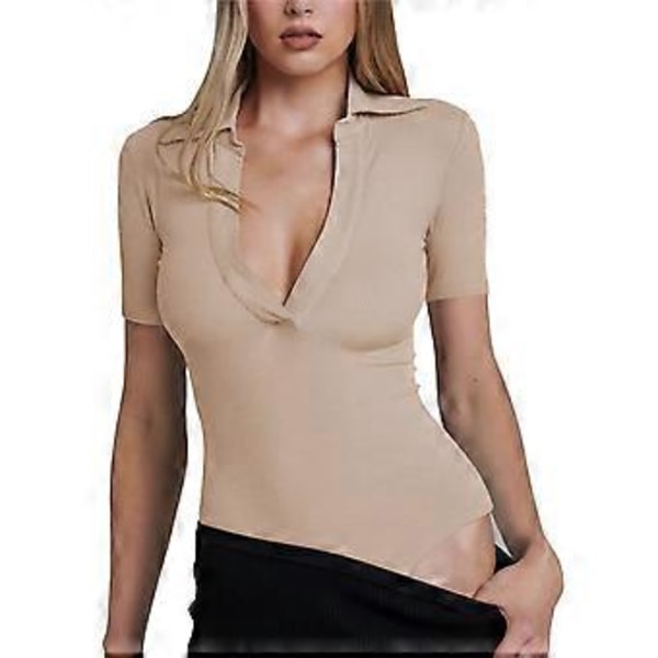 Åtsittande Jumpsuit Topp Slank Djup V-ringad Kortärmad Enfärgad Nedåtvänd Krage Ribbad En-delad Topp (XL Beige)