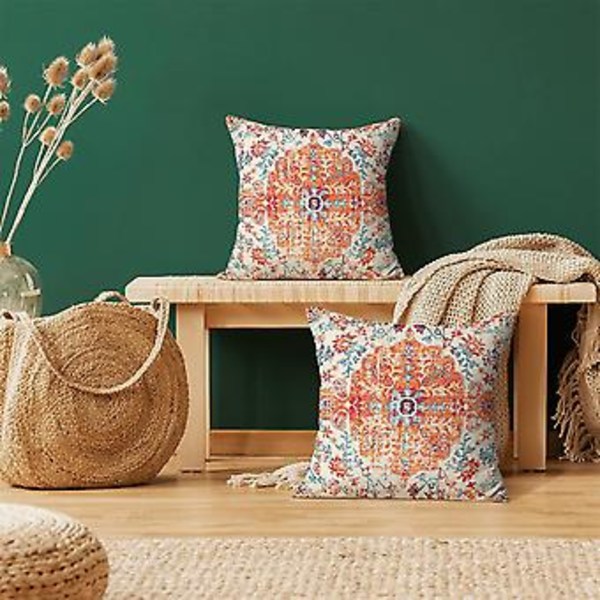 Boho-tyynynpäälliset 18x18 tuumaa, 2 kpl setti, mattokuvioinen heittotyynynpäällinen, oranssi sininen etninen design, ulkokoristeellinen neliö, pellava, maalaistyylinen sisustus