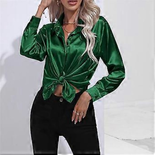 Vår Høst Sateng Bluse Imitert Silke Langermet Skjorte for Dame Plus Size Løse Topper (L mørkegrønn)