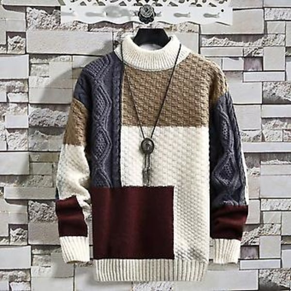 Herrar Stickad Tröja Färgmatchning Vild Långärmad Preppy Stil Delikat Textur Håll Varmt Polyester Anti-krymp Höst Casual Stickat (L Aprikos)