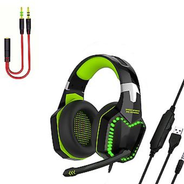 Cool Baggrundsbelyst Over-Ear Headset Ledningsført Spilhovedtelefon til Computer Tablets (Tilføj patchledning Grøn)