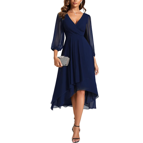 Elegant Chiffon V-hals Langærmet Plisseret A-linje Midilængde Bryllupsgæst Kjole XL Blå