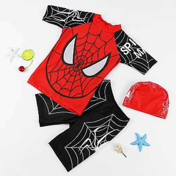 Marvel Spider-Man Barnkläder för Pojkar 3-Delar Badkläder Strand Badkostym Sommar Simning Topp Shorts Hatt Set (7-9 År Svart)