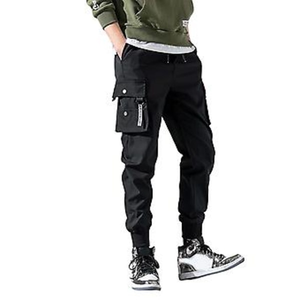 Mænds Sweatpants med Elastisk Linning, Snøretræk og Indtrækkelige Manchetter - Multilommer, Ensfarvet, Casual Cargobukser (4XL Sort)