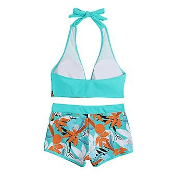 Kvinnors Padded Bikini Set med Lövtryck, Halterneck-BH, Slips-Topp, Hög Midja, Pojk-Shorts, Baddräkt, Sommarstrandkläder (M Sjöblå)