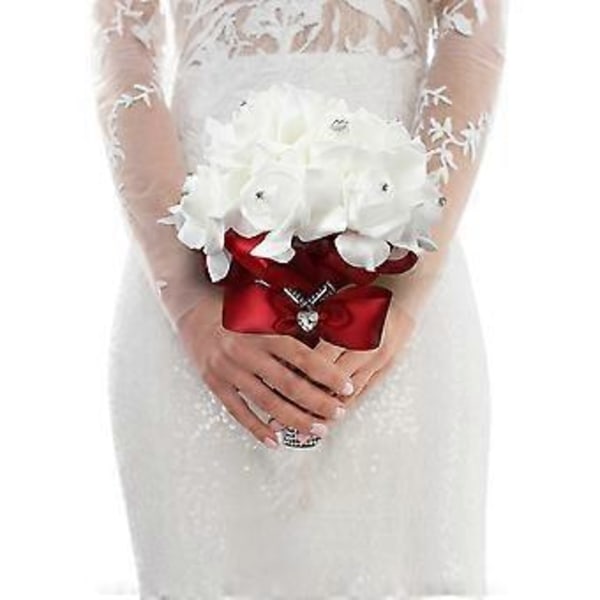 Konstgjord Brudbukett, Rosbukett för Brud Brudtärnor med Kristalldiamant Mjuka Band, Brudtärna Håller Blommor (Vinfärgad)