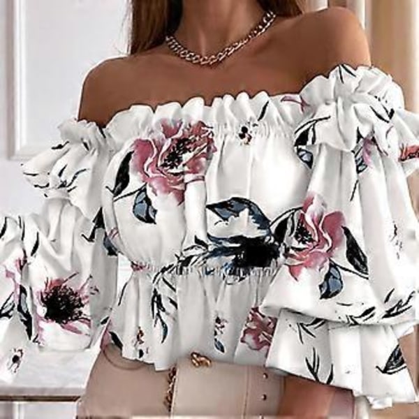 YYFS Dame Mode Afslappet Sommer Bluser & Skjorter med Én Skulder (XL hvid)