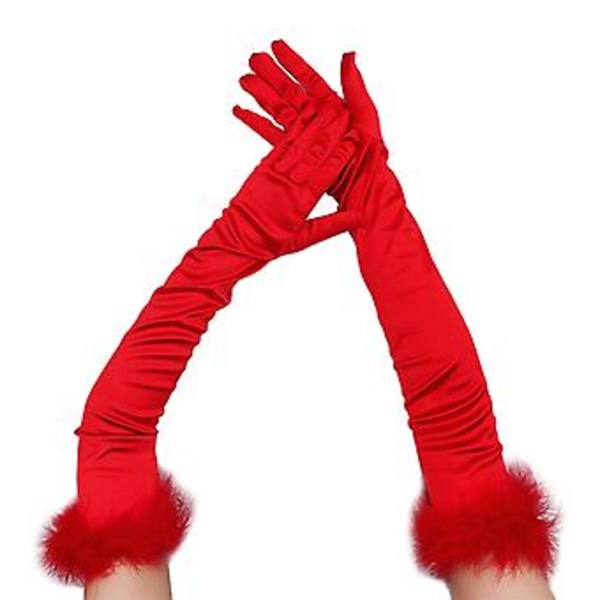55cm Långa Flapper-Kvälls-Operahandskar i Satin för Kvinnor, Armbågslängd, 1920-tal (Röd)