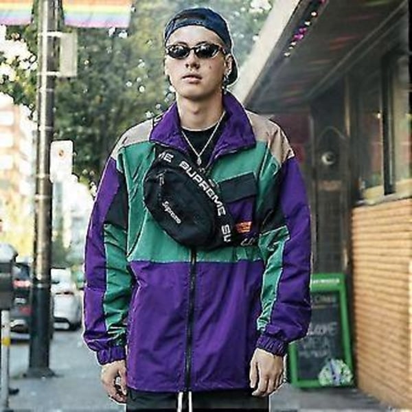 Mænd Hip Hop Streetwear Jakke Frakke Retro Farveblok Patchwork Harajuku Jakke Vindjakke Oversized Track Jakke Lomme Efterår Høj Kvalitet (L Sort)