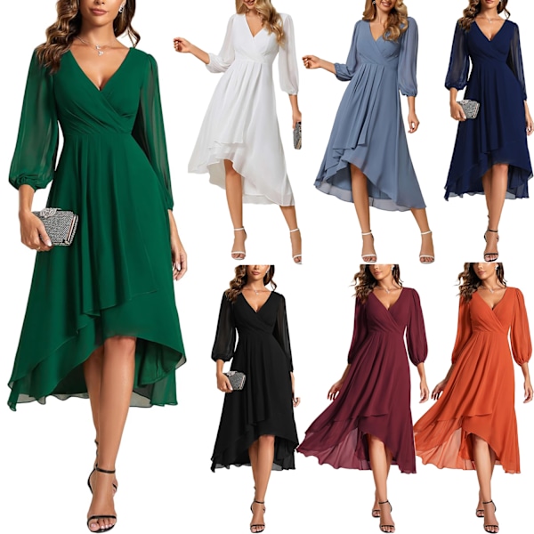 Women's Chiffon Spring V Neck Long Sleeves Pleated A-Line Midi Length Wedding Guest Dress S Green