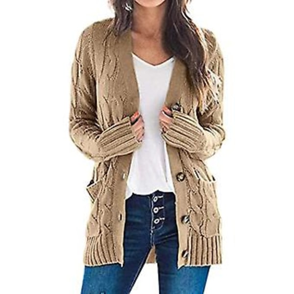 Women\'s Long Sleeve Cable Knit Cardigan with Pocket Casual Coat Solid Color(M Khaki)