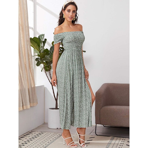Kvinders Boho Blomsterprint Off Shoulder Split Lang A-Linje Kjole（L GRØN）