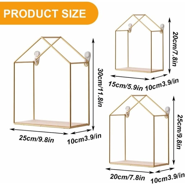 Set med 3 stugformade vägghyllor Metall trä flytande hylla Väggmonterad organizer för kök badrum sovrum (guld stuga)