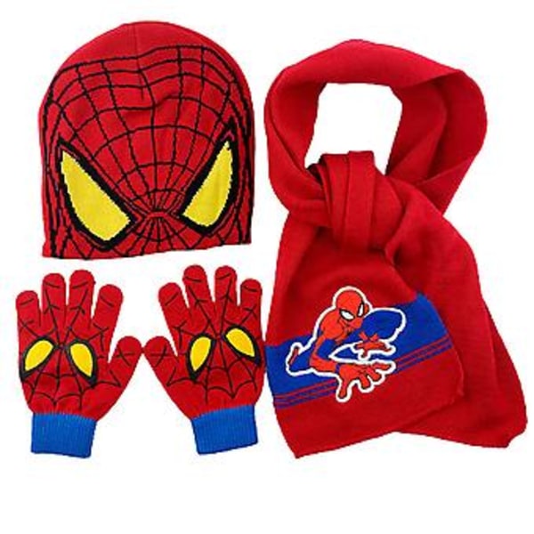 3pcs/set Kids Spiderman Knitted Beanie Hat Scarf Stretchy Gloves Winter Warm Gifts( Red)