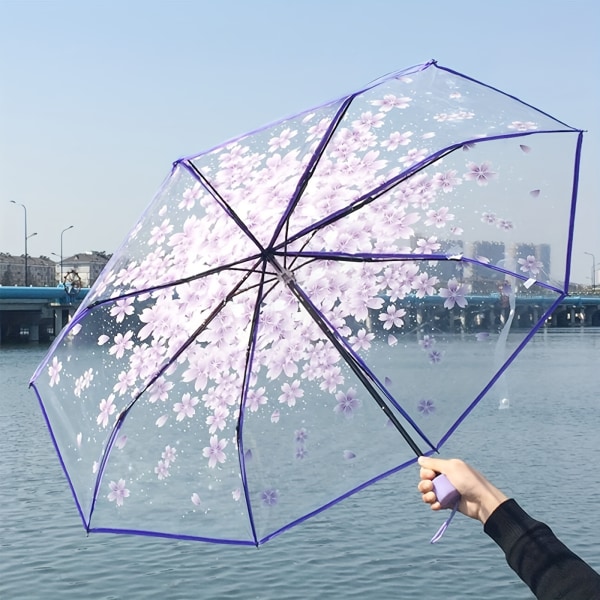 Vikbart solparaply Transparent romantiskt körsbärsblommande paraply Rosa