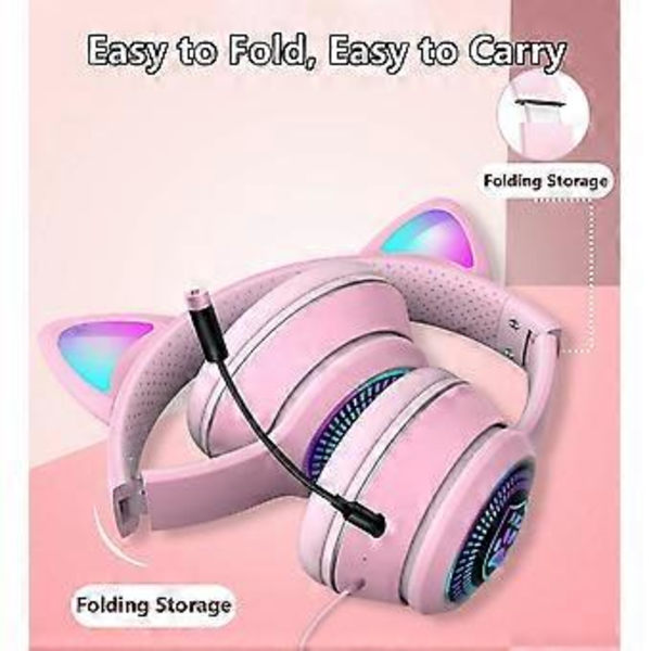 Spelheadset med kattöron och mikrofon, blinkande ljus, stereohörlurar, surroundljud, brusreducerande hörlurar, Bluetooth-hörlurar, dator G