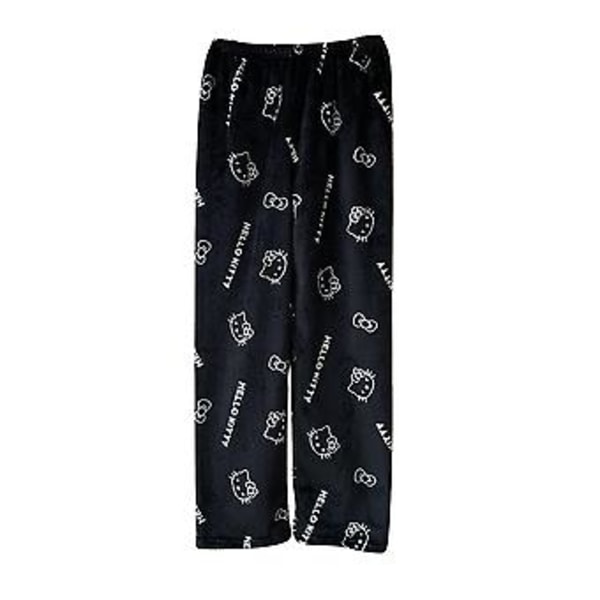 Kawaii Søde Pyjamas Til Kvinder Piger Tegneserie Kat Kitty All Over Print Flanel Jul Anime Bløde Sove Pyjamas Bukser (XL Sort)