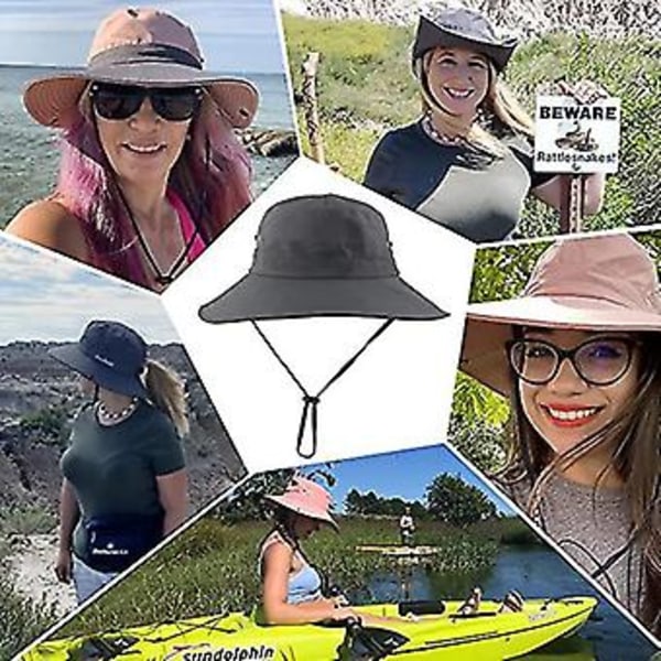 Sommarhatt för kvinnor med bred brätte, UV-skydd, hopfällbar, för hästsvans, strand, fiske, vandring (grå)