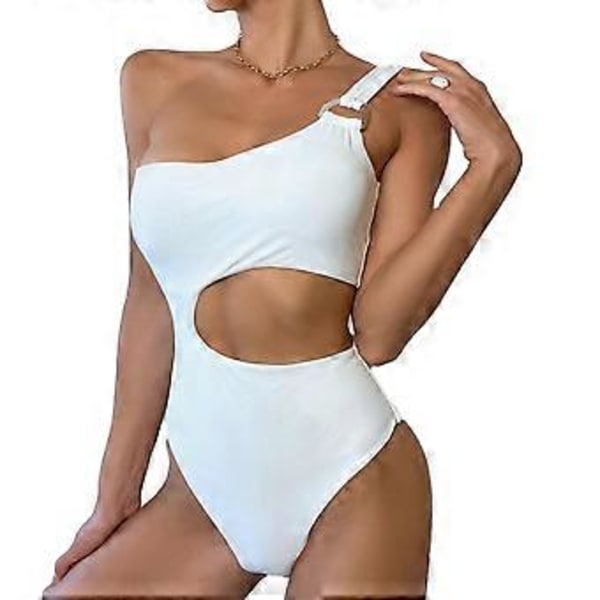 Dame One Shoulder Stribet Højbenet Badedragt i Ét Stykke Thong Badedragter (S Hvid)
