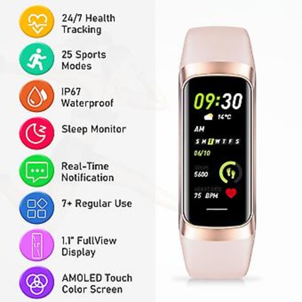 Fitness-seurantaälykello, aktiivisuusmittari 1,1 tuuman AMOLED-värikosketusnäytöllä, vedenkestävä askelmittari Android- ja iPhone-puhelimille -GSL hopeaharmaa