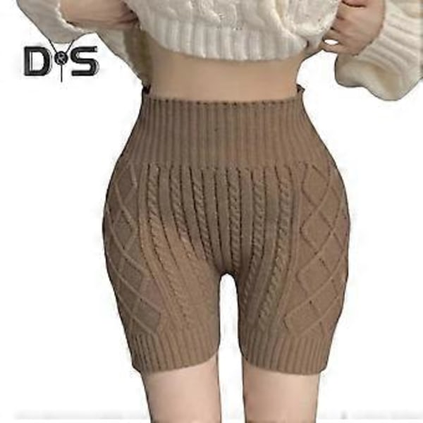 Dam Vinter Shorts med Hög Midja Stickade Elastiska Enfärgade Varma Anti-exponerings Basic Shorts för Vardagsbruk Hemma Och Mer (kaffe)