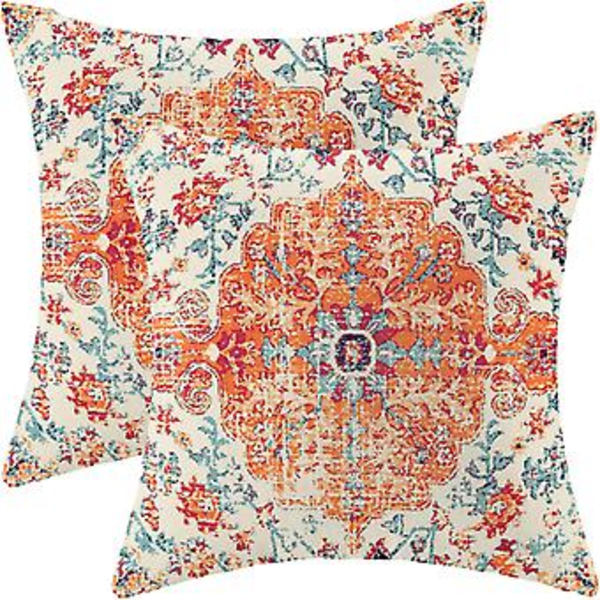 Boho-tyynynpäälliset 18x18 tuumaa, 2 kpl setti, mattokuvioinen heittotyynynpäällinen, oranssi sininen etninen design, ulkokoristeellinen neliö, pellava, maalaistyylinen sisustus