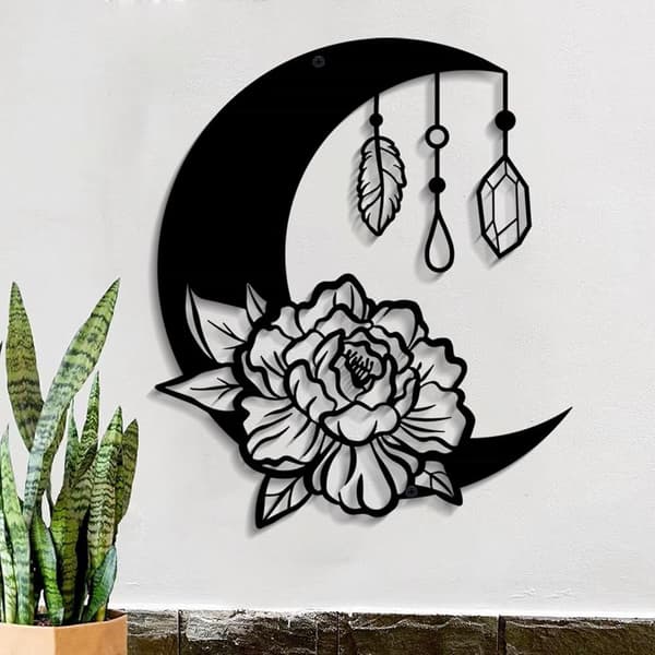 Måne Metall Blomsterkunst Dekor Svart Boho Blomstermåne og Stjernefase