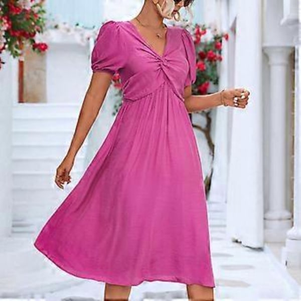 Naisten mekko, kierretty solmu, V-kaula, lyhyet pörröhihat, löysä helma, rento pitkä mekko päivittäiseen käyttöön (M Rose Red)