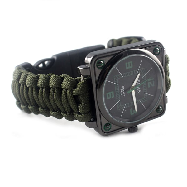 (Army Green) Multifunktionelt udendørs overlevelsesur armbånd overlevelseskit reb fløjte + + kompas + lighter til vandreture camping klatring førstehjælpskasse