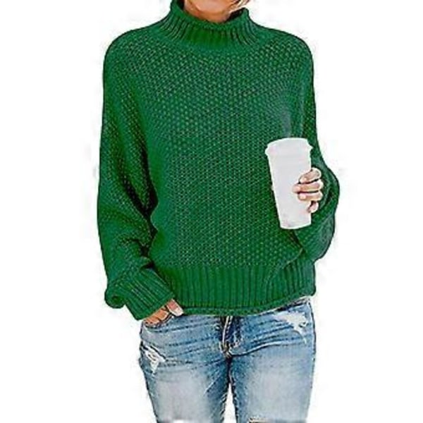 Dame Turtleneck Batwing Ærme Oversized Pullover Sweater S Hvid(XL Mørkegrøn)