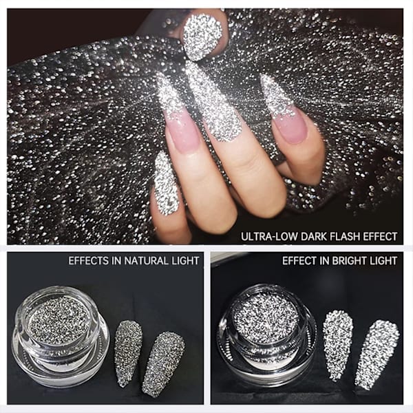 Set med 2 diamantnaglar som lyser superglänsande nagelpulver som lyser N