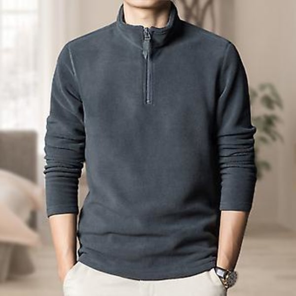 Herrar Tröja Solid Färg Stå Krage Blixtlås Halsring Slim Fit Streetwear Höst Vinter Dubbelsidig Fleece Botten Skjorta Män Kläder (XL Röd)