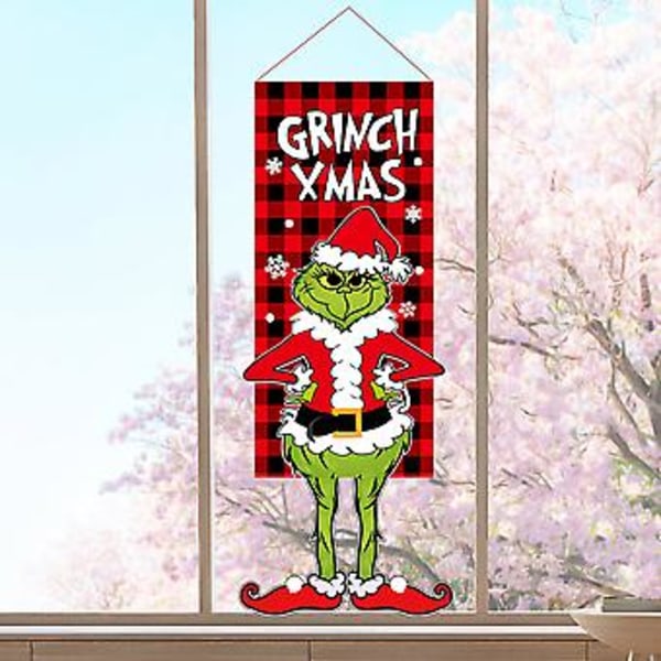 Joulu Grinch-tonttujen roikkuva lippu ikkunaan, oveen, joulukuuseen, juhlatunnelmaan (C)
