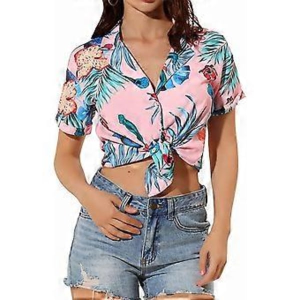 Korteærmet Skjorte med Vendt Krave til Kvinder Casual Elegant Knappet Blomsterprint Top Bluser til Strandfest (M Pink)