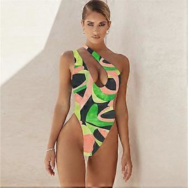 Baddräkt i ett stycke, ny blommig baddräkt med cut-out och en axel för damer, Monkini-body, strandbaddräkt, strandkläder (30 L)