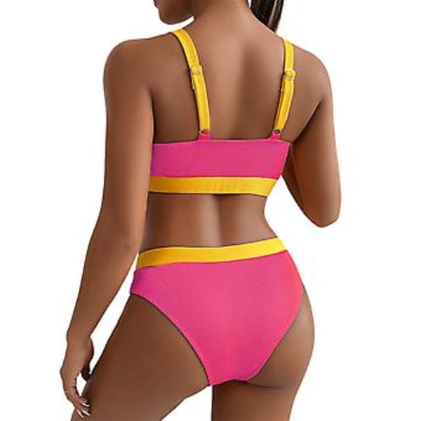 Dame Badetøy Sommer Fargeblokk Ribbet Bikini Polstret Badetøy Badetøy Strandtøy Svømmedrakt (XL Rose Red)