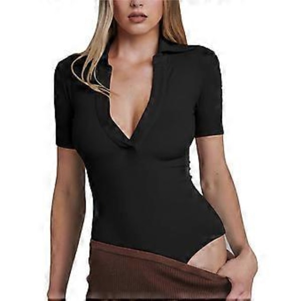 Åtsittande Jumpsuit Topp Slank Djup V-ringad Kortärmad Enfärgad Nedåtvänd Krage Ribbad En-delad Topp (XL Svart)