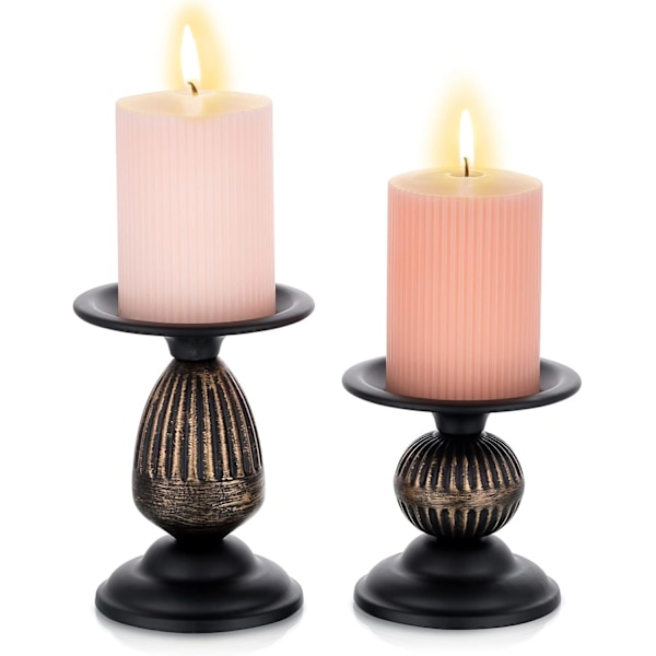 2 Dekorativa Ljusstakar Distressed Metall Retro Matt Svart Burk